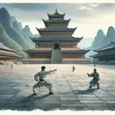 a martial artist is outside the shaolin temple , watercolor painting, animation.