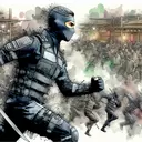 a ninja in a combat suit , watercolor painting, animation, the image space is very crowded