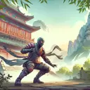 a ninja in a combat suit , watercolor painting, animation, the ninja is outside the shaolin temple