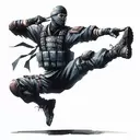 a ninja in a combat suit who has spread his legs 180 degrees between a gap, watercolor painting pose