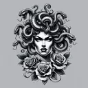 a pin up medusa tattoo with no color and some roses