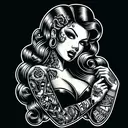 a pinup girl with gang tattoos and long wavy hair with big lips