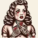 a pinup girl with gang tattoos and long wavy hair with big lips and crying out blood