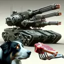 a robotic tank with 6 miniguns and a dog eating a steak next to a robot baby