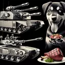 a robotic tank with 6 miniguns and a dog eating a steak, next to a robot baby