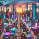 a stylized futuristic city a lot of colors