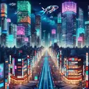 a stylized japanese futuristic city a lot of colors