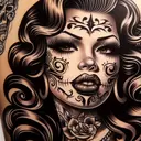 a tattoo of a pinup girl with gang tattoos and long wavy hair with big lips  and a face tattoo