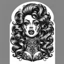 a tattoo of a pretty pinup girl with gang tattoos and long wavy hair with big lips and crying out blood