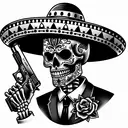 a tattoo of a skeleton  with a zombrero and a glock gun in his left hand with some tattoos and a suit