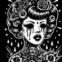 a tattoo with no color of a pinup girl with alot of tattoos and crying out blood from her eyes with big lips