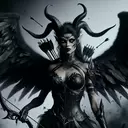 an evil angel with black horns and black wings with a bow an arrow on her back