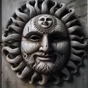 an old silver wooden mask with a sun disc symbol on its forehead and a smirking expression.