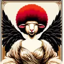 anthropomorphic female sheep with a red afro, silk beige robe, black angel wings, a 1920s art nouveau poster