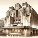 brutalist art deco building, lights below, drawing, sepia