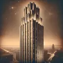 brutalist art deco, sing tall building, lights below, night, drawing, sepia