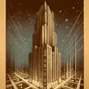 brutalist art deco, sing tall building, lights below, night, old drawing sketch, sepia