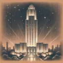 brutalist art deco, sing tall building, lights below, night, old drawing sketch, sepia, book cover