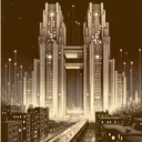 brutalist art deco, sing tall building, lights below, night, old drawing sketch, sepia, book cover, high contrast