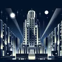 brutalist art deco, single tall building, lights below, night,   high contrast  geometric shapes, 1920s art deco poster