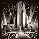 brutalist art deco, single tall building, lights below, night, old drawing sketch,  high contrast art deco poster