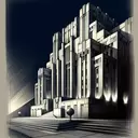 brutalist art deco, single tall building, lights below, night, old drawing sketch,  high contrast, antique engraving