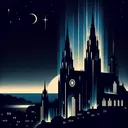 cathedral tall building, lights below, night,   high contrast,  1920s art deco poster, black blue gradient