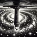 charcoal painting of a lighthouse upside down in front of a spiral galaxy, starry night