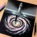 color charcoal  painting of a lighthouse upside down above a pool spiral galaxy, starry night