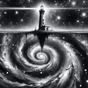 color charcoal  painting of a lighthouse upside down above a spiral galaxy pool , starry night