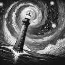 color charcoal  painting of a lighthouse upside down above, a spiral galaxy pool below , starry night