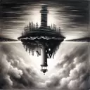 color charcoal  painting,  a upside down lighthouse , upside down lake ,