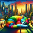 colorful cute cat sleeping in a colorful city