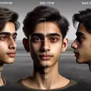 create a photorealistic face texture of a 18 year old indian boy from front view,side view and from back view