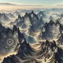 land engraved with fractals and mandala 4k, rocky mountains and seas