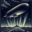 massive flying ship, lights below, night,   high contrast,  1920s art deco poster,