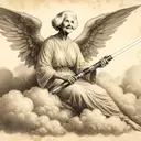 old sketch, of an lady angel on a cloud holding up a lightsaber, mix style of william house and antique engraving