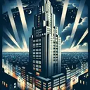 one brutalist  tall building, lights below, night,   high contrast,  1920s art deco poster