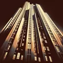 one brutalist  tall building, lights below, night,   high contrast,  1920s art deco poster, sepia