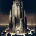 one brutalist cathedral tall building, lights below, night,   high contrast,  1920s art deco poster, sepia