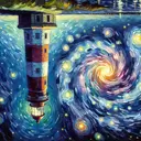 painting of a lighthouse upside down in front of a spiral galaxy, starry night