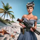 pinup girl with a minigun at the beach