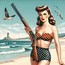 pinup girl with a shotgun at the beach