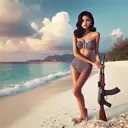 pinup girl with an ak-47 at the beach