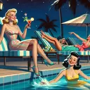 pinup girls at night at a pool