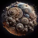 planet made of clock and gears, land and mountains engraved with fractals and mandala 4k,  and seas of webs