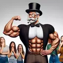 real life monopoly guy ripped with a lot of muscle flexing in front of girls