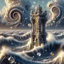 sea of fractals, an ornamental  tower, large waves, gems, shiny