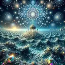 sea of fractals, an ornamental  tower, large waves, gems, shiny, mandala stars in the sky