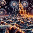 sea of fractals, an ornamental  tower, large waves, gems, shiny, mandala stars in the sky, orange gradient, black neon,